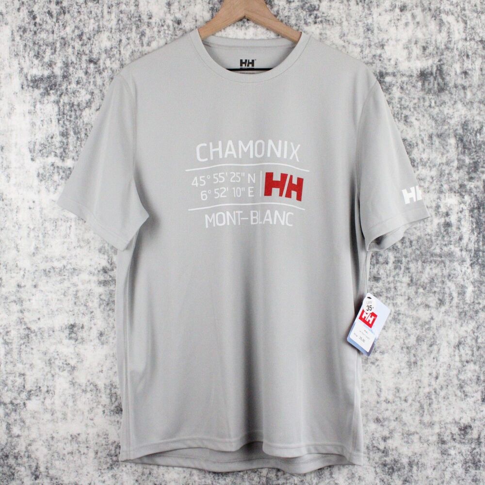 NEW Helly Hansen CHAMONIX MONT-BLANC Tech T Shirt XCOOL Mens XL Gray Short Sleev